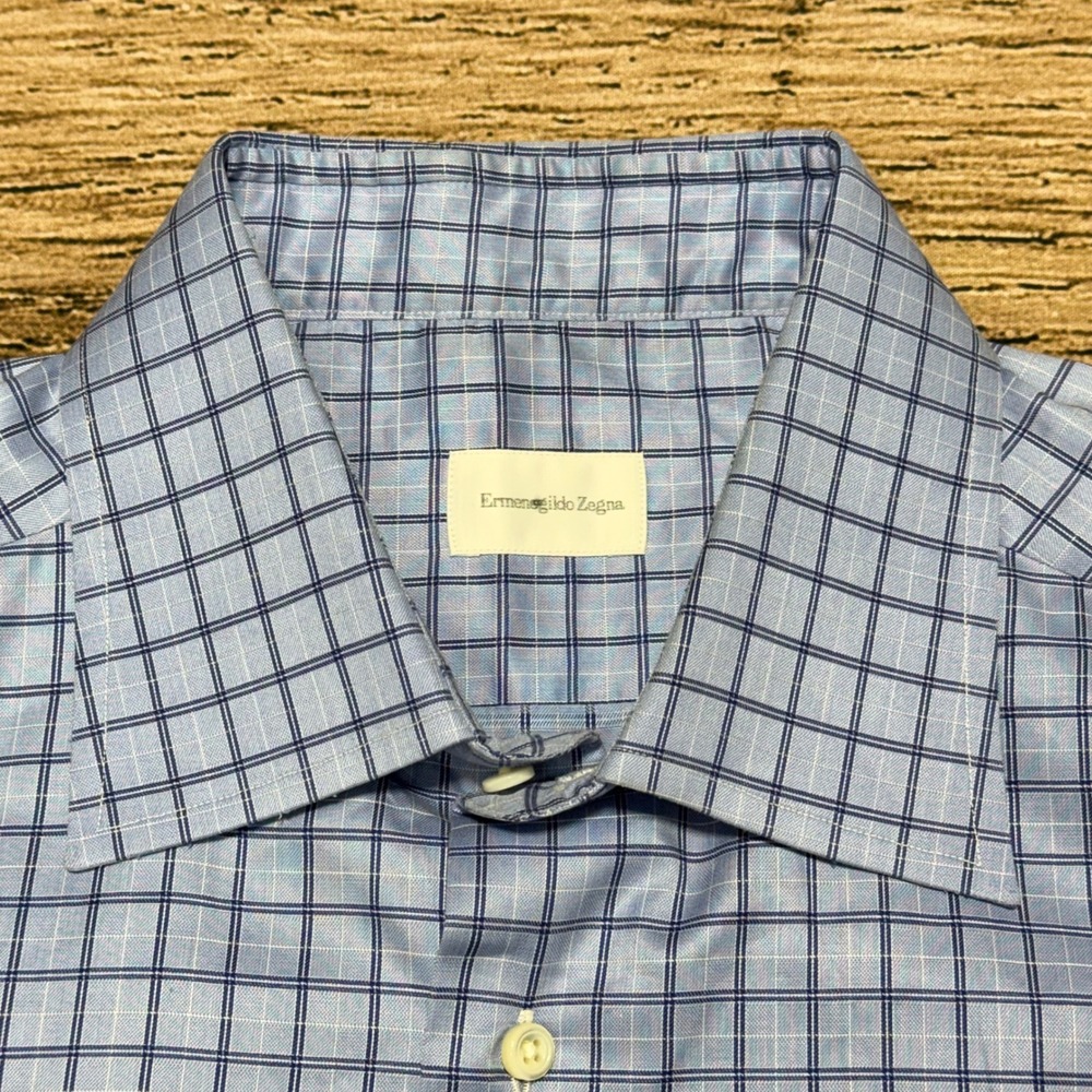Ermenegildo Zegna Dress Shirt Mens 16.5 Blue Check Long Sleeve Designer Luxury